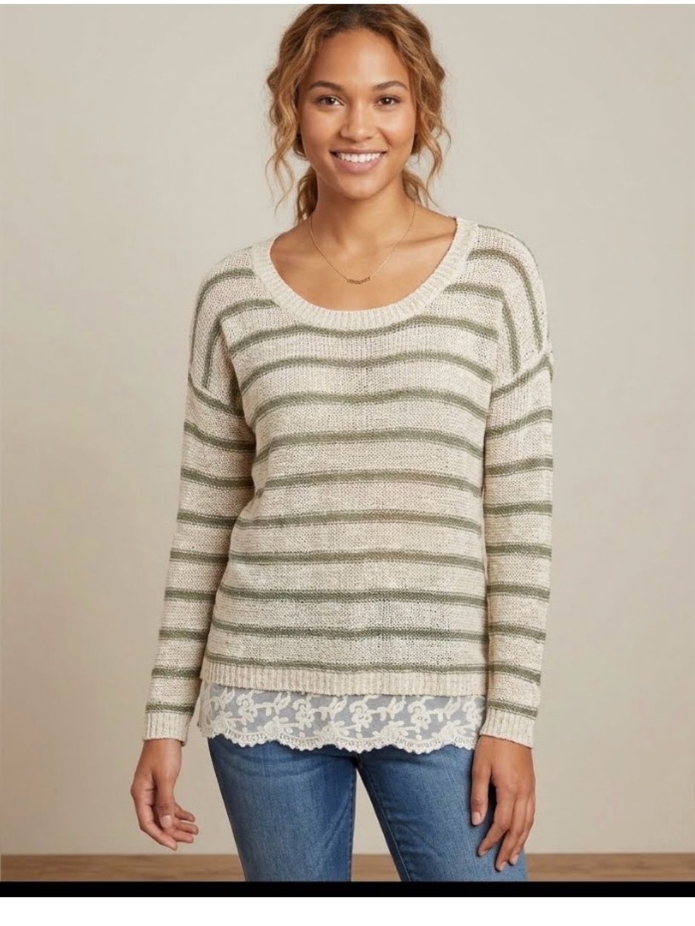 Pink Rose Sweater with Cream & Army Green Stripes Lace Detail Bottom Sz L EUC